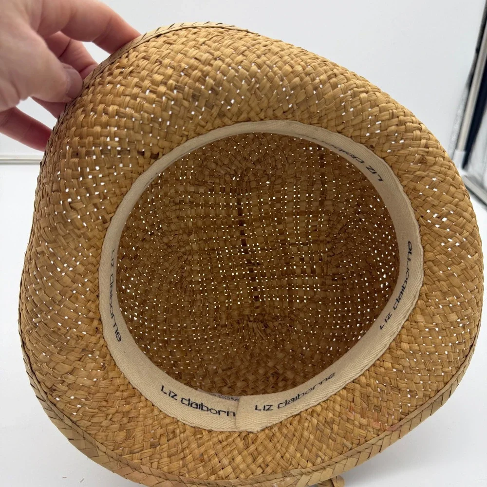 Liz Claiborne Tan Straw Cloche Hat Woven Sun Hat with Braided Bow Accent